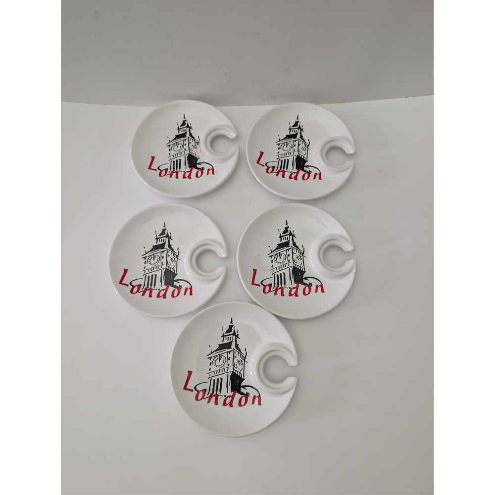 Set of 5 Double Nice Co London Big Ben Appetizer Plates with Wine Glass Holder
